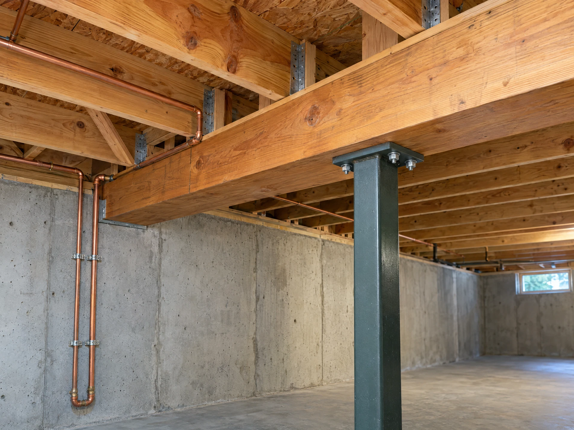Residential basement construction showing timber floor joists, a support beam, concrete foundation and copper plumbing