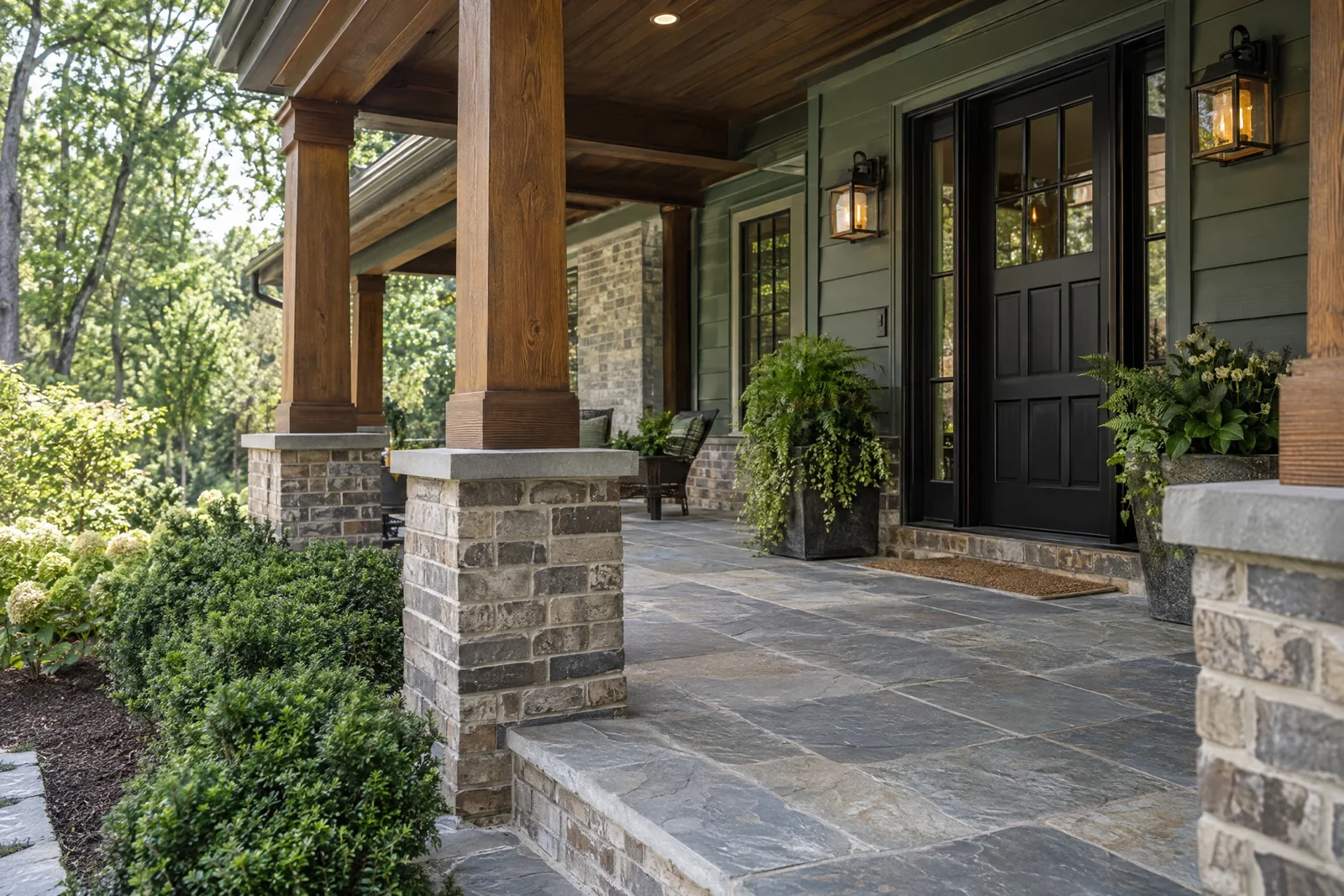 Schedule a Home Inspection Covered residential porch with timber posts and brick piers